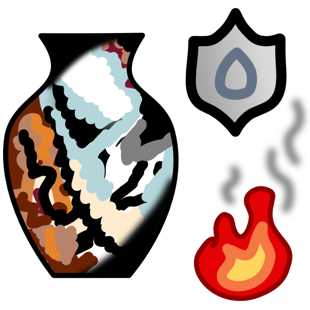 An image with dark line art shows a vase composed of various browns, whites, black, and a pale blue, all mixed together abstractly. To the right of the vase is a fire with smoke lines above it, and a gray shield above that.